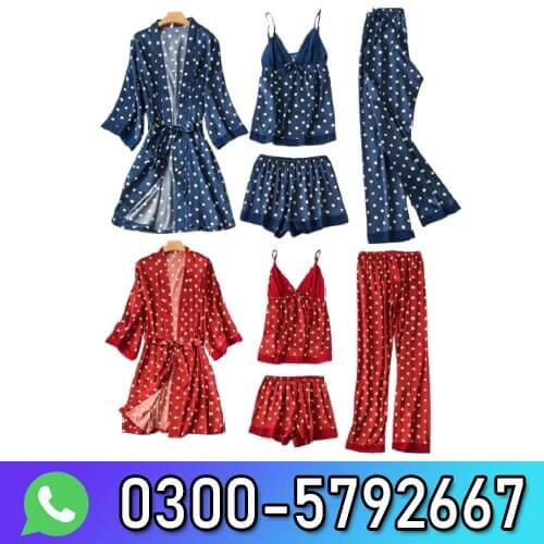 Women 4 Pieces Dot Print Sleepwear Night Gown Pajamas In Pakistan